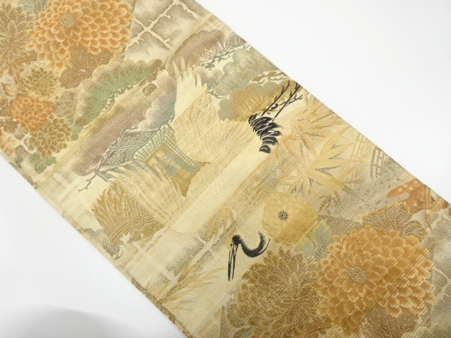 アンティーク　鶴に御所車・菊・笹模様織り出し丸帯（材料）